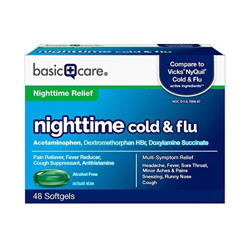 Photo 1 of Amazon Basic Care Nighttime Cold & Flu, 48 Softgels EXP 10/24