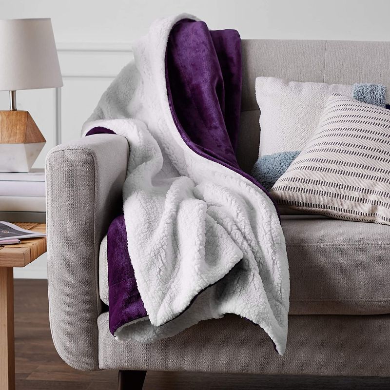 Photo 1 of Amazon Basics Ultra-Soft Micromink Sherpa Blanket - Throw, Plum