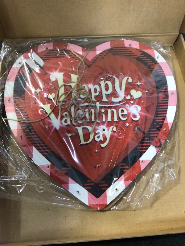 Photo 1 of 12 Inch Lighted Valentines Day Door Sign Wreath Red Heart Happy Valentine's Day Wooden Farmhouse Decorations Valentine Plaid Hanging Sign Wall Plaque for Valentine's Day Table Window Door Wall Decor