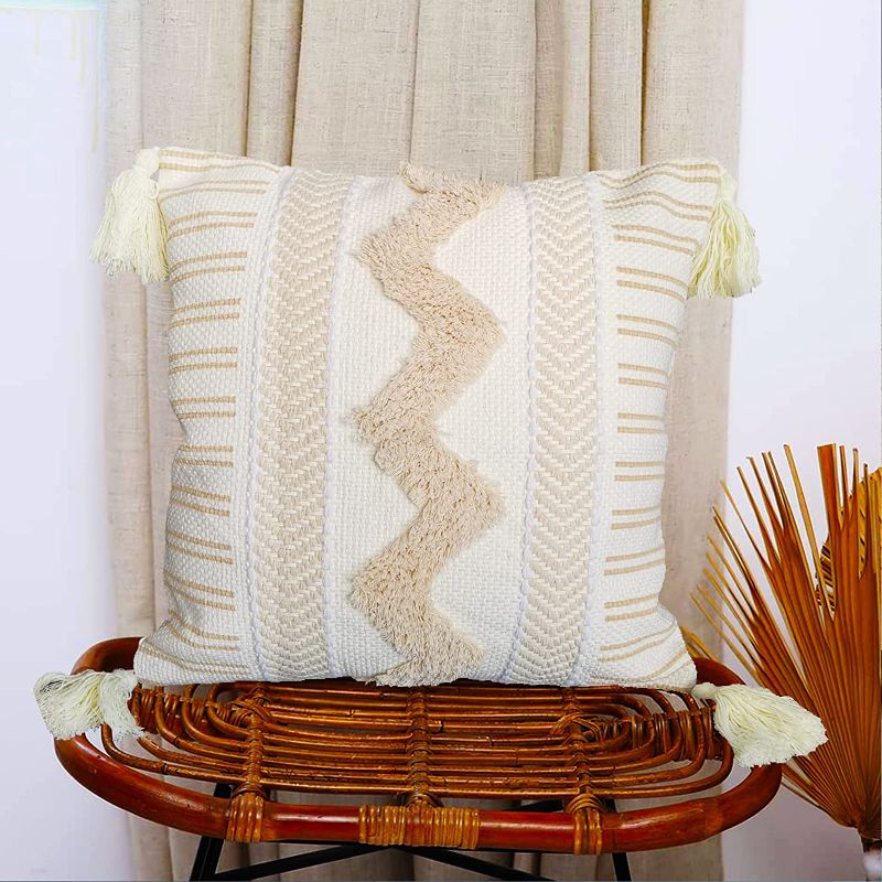 Photo 1 of  Boho Throw Pillow Covers 18x18 Neutral Farmhouse Accent Cushion Cover Decorative Woven Tufted Pillowcase Modern Home Decor, Beige and Yellowy Cream