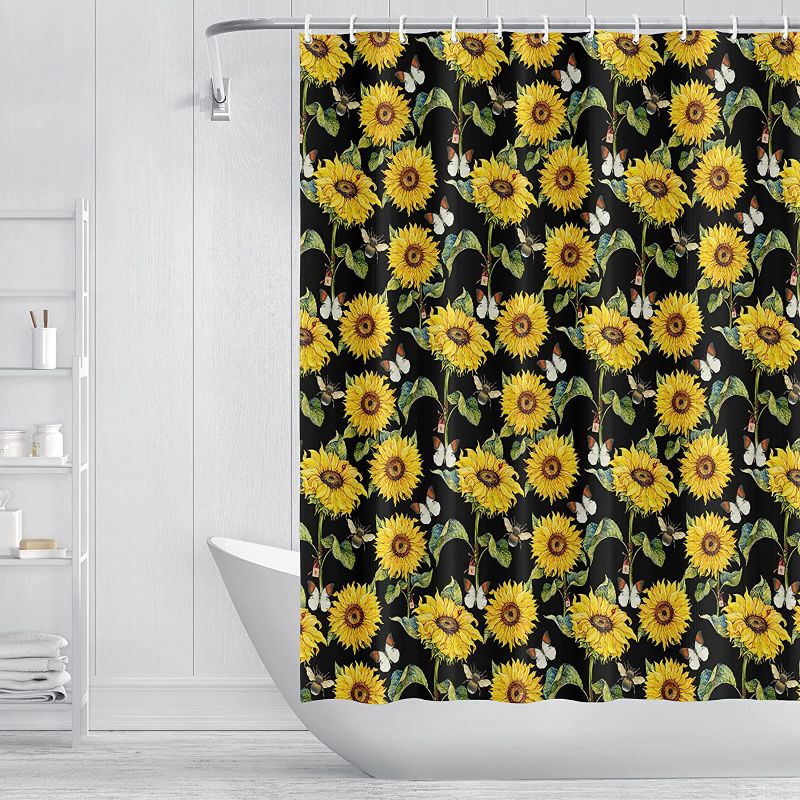 Photo 1 of  Fabric Shower Curtain,Sunflower with Honey Bee Texture Bathroom Curtain with 12 Hooks Waterproof No Bad Odor Machine Washable Bath Curtains for Bathroom, Spa Room, Background Cloth, 72"x78"  DESIGNS MAY VARY