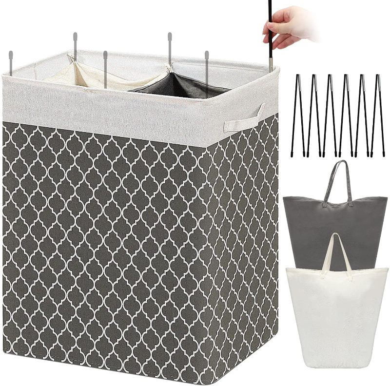 Photo 1 of 126L Double Laundry Hamper Divided Collapsible Laundry Basket 2 Sections Hampers for Laundry with Removable Bag Farmhouse Laundry Organization with Liners for Bedroom Dorm Travel Toys