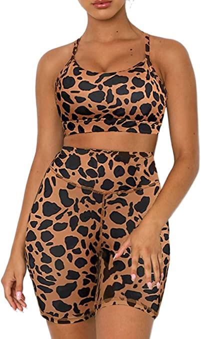 Photo 1 of Aleumdr Womens Yoga Outfits 2 Piece Set Workout Athletic Leopard Print Shorts Leggings and Sports Bra Set Gym Clothes LARGE