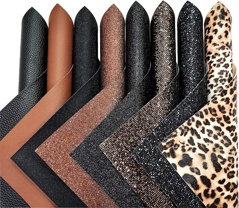 Photo 1 of  New Contrast Color Black & Brown Series Faux Leather Sheets Bundle 8pcs/Set 8" x 12" Solid Colors Grain & Glitter & Leopard Pattern for Earring Making DIY Crafts