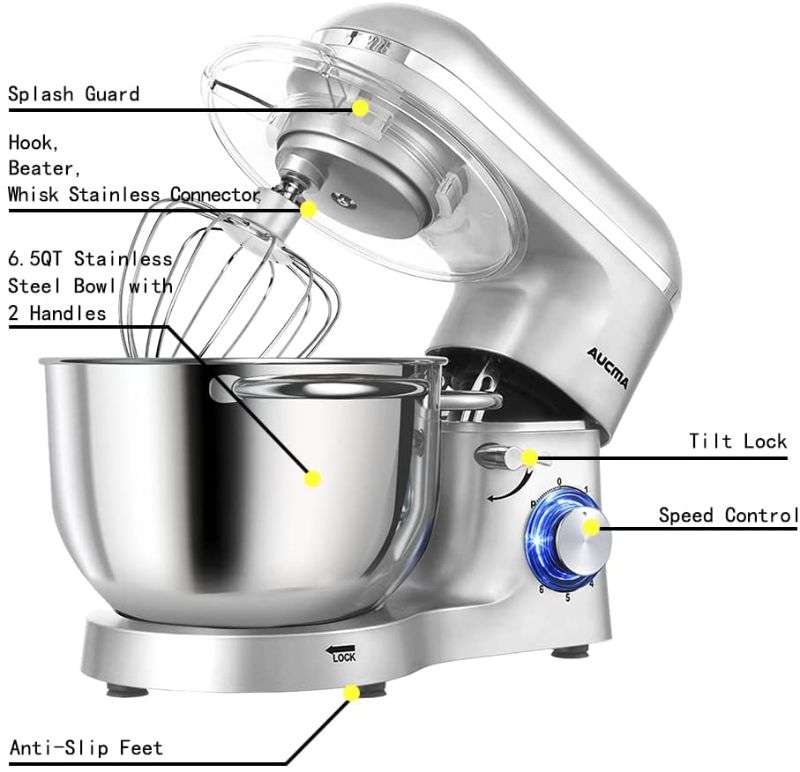 Photo 1 of Aucma Stand Mixer,6.5-QT 660W 6-Speed Tilt-Head Food Mixer, Kitchen Electric Mixer with Dough Hook, Wire Whip & Beater (6.5QT, Silver)
