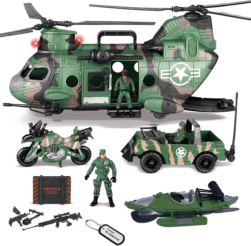 Photo 1 of JOYIN 10-in-1 Army Helicopter Toys, Boys Military Toys, Including Helicopter with Realistic Light, Sound & Handle, Bruder Trucks, Boat, Motorcycle, Army Men Action Figures and Weapon Gears, Kids Gifts
