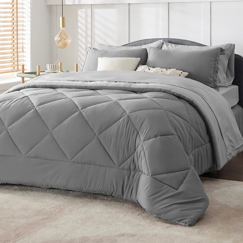 Photo 1 of Bedsure Queen Comforter Set - 7 Pieces Reversible Queen Bed Set Bed in a Bag with Comforters Queen Size, Sheets, Pillowcases & Shams, Grey Bedding Sets
