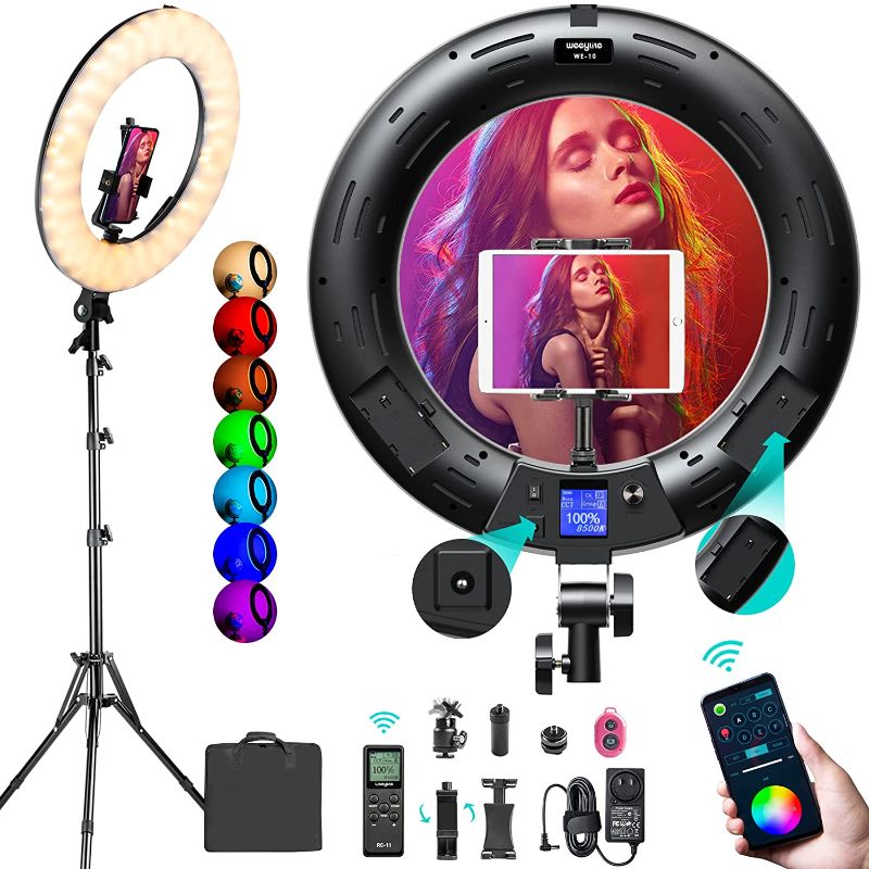 Photo 1 of 18 inch RGB Ring Light Kit, App Control 360° Full Color Changing LED Selfie Ring Light with Stand and Phone Holder/Remote, Dimmable Bi-Color 2500K–8500K CRI 95+ Ring Lights for TikTok YouTube Makeup

