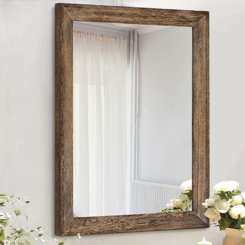 Photo 1 of AAZZKANG Rustic Wood Mirror 20"X16" Rectangle Decorative Wall Mirror with Frame Bedroom Living Room Bathroom Hanging Mirror

