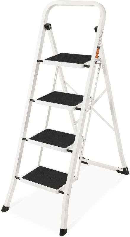 Photo 1 of 4 Step Ladder, SPIEEK Folding Step Stool with Wide Anti-Slip Pedal, 330lbs Capacity Portable Lightweight Ladders for Home Kitchen Outdoor, White
