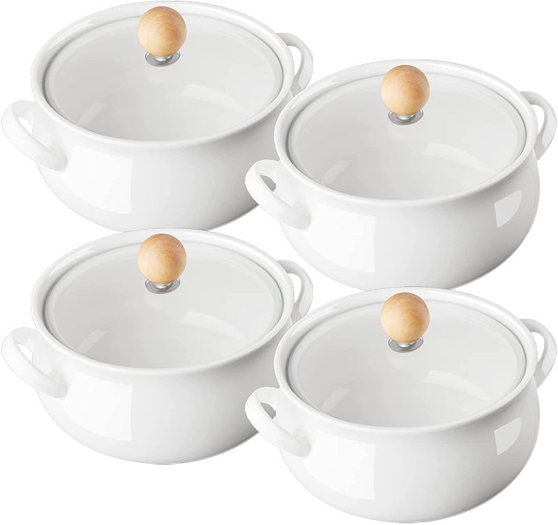 Photo 1 of ALELION French Onion Soup Bowls, 18 OZ Soup Crocks with Double Handles and Glass Lids, Oven Safe Soup Bowls for Stew Chili Cheese Pot Pie Casseroles, Housewarming Gifts for New House, Set of 4, White
