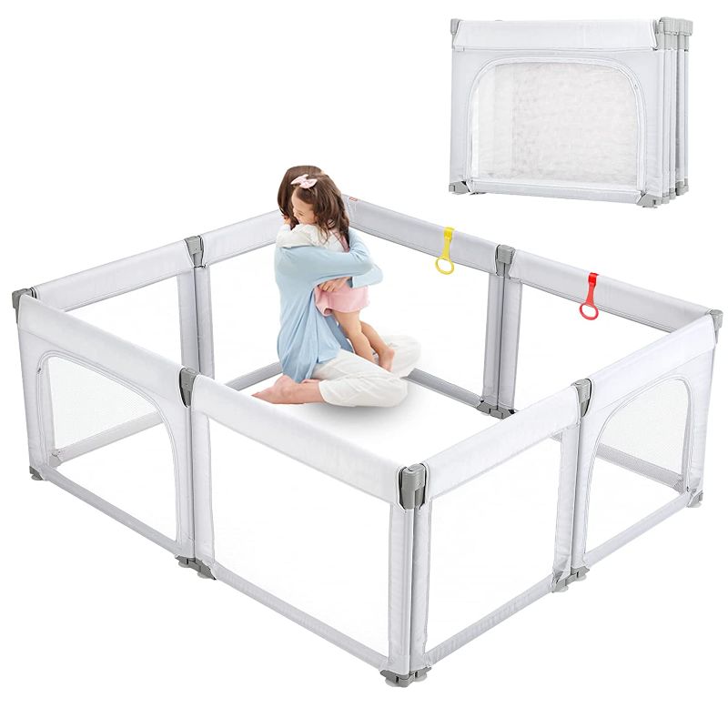 Photo 1 of Baby Playpen, Shape & Size Adjustable Playpen for Toddler, Large Baby Playard Safety Mesh Foldable Play pens for Babies, Portable Baby Fence Play Area Kids Play Pen, Light Grey
