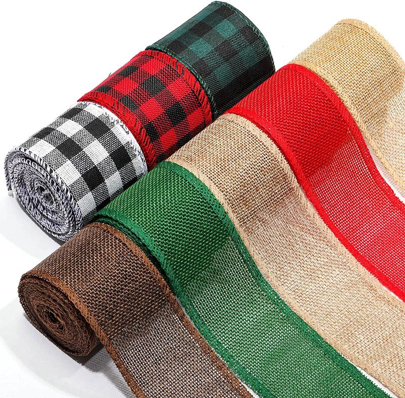 Photo 1 of 8 Rolls 32 Yards Christmas Wired Edge Ribbons Holiday Multi-Color Plaid Ribbon red Green Plaid Wrapping Ribbon Decorative Ribbon for Christmas Tree Decor Floral Bows Gifts