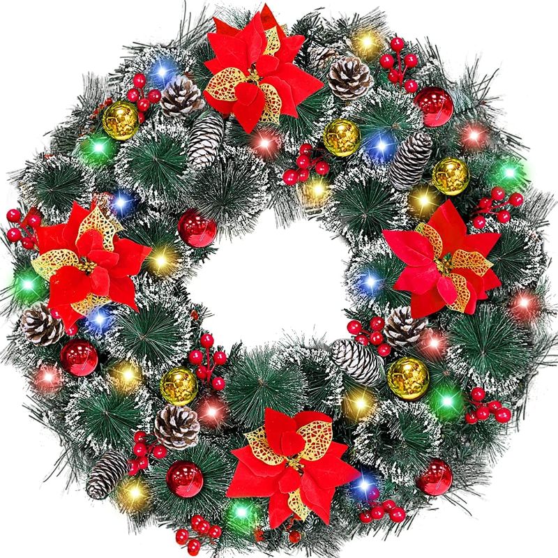 Photo 1 of [Timer & Super Large Thick] 26 Inch Prelit Frosted Christmas Wreath Decoration with 80 Colorful Lights 8 Balls 4 Poinsettia 200 Tips 50 Berry 10 Pinecon Battery Operate Xmas Decor Front Door Outdoor
