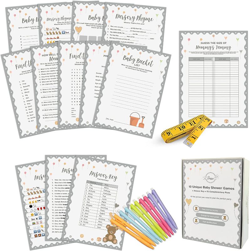 Photo 1 of Dessie Baby Shower Games New, Ultimate Gender Neutral Kit | Contains 10 Classic Games Like Baby Bingo, Baby Shower Advice Cards, Emoji Game - 50 Sheets of Each | 25 Complementary Pens