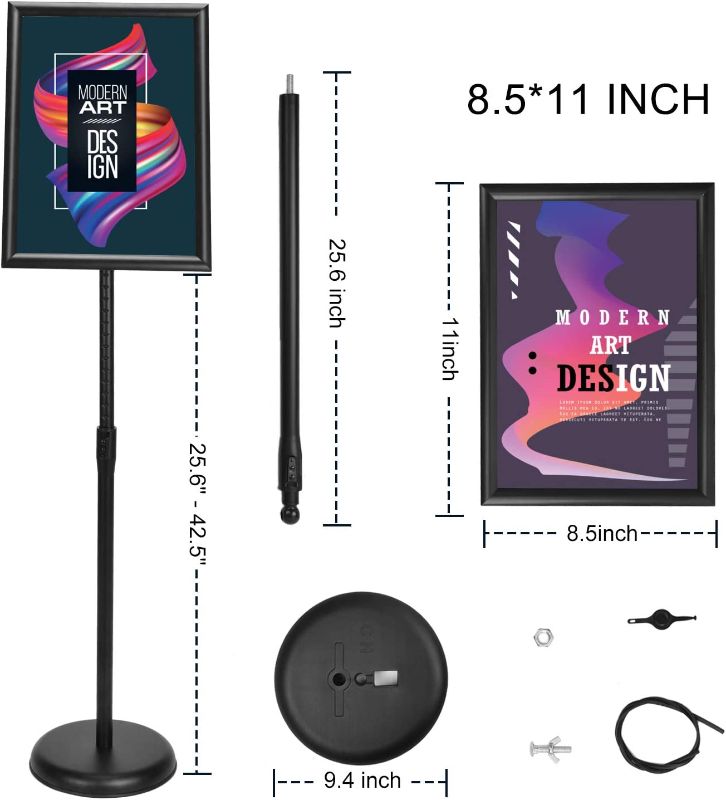 Photo 1 of KOOV Poster Sign Stand 8.5 x 11 Inches Floor Standing Sign Holders, Adjustable Pedestal Poster Stand with Heavy Duty Round Base Both Vertical and Horizontal Sign Displayed, Black