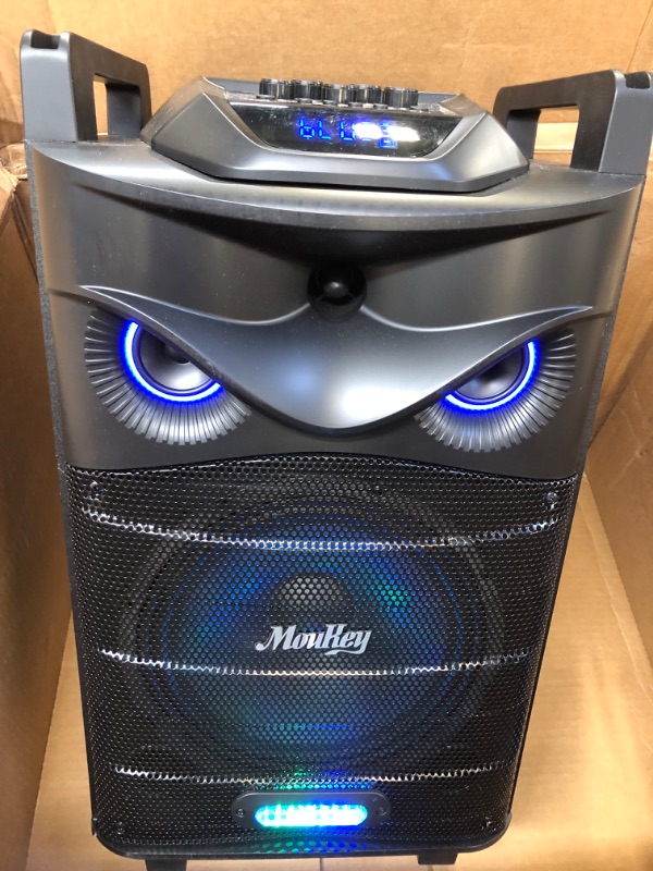 Photo 1 of Moukey Karaoke Machine, PA System Subwoofer, Portable Bluetooth Speaker w/ 2 Wireless Microphones, Lyrics Display Holder, Party Lights & Echo/Treble/Bass Adjustment, Support TWS/REC/AUX/MP3/USB/TF/FM 10" Subwoofer....ITEM TESTED IS AT FULL BATTERY ANMD TU