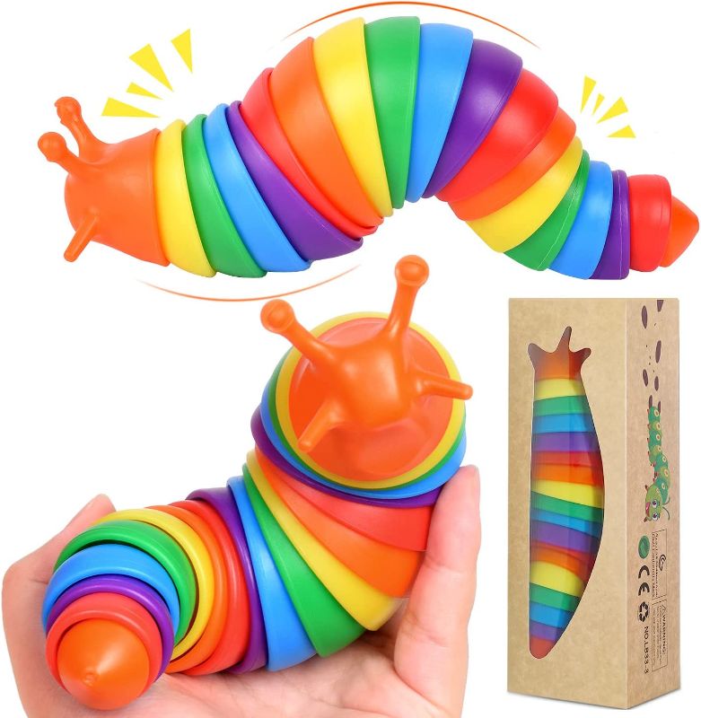 Photo 1 of 2 COUNT Fidget Slug Toy, Toddler Sensory Toys for Autistic Children, Flexible Articulating 3D Printed Slug Toys, Novelty Autism Toys for Kids 5-7, Adults, ADHD, ASD, Christmas, Birthday (Rainbow)