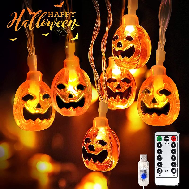 Photo 1 of 2 COUNT Fussion Halloween Pumpkin String Lights, 20-Foot 40 LED 8 Modes Waterproof 3D Orange Jack-O-Lanterns with Timer, Remote and USB Plug for Indoor Outdoor Decor Party Halloween Decorations