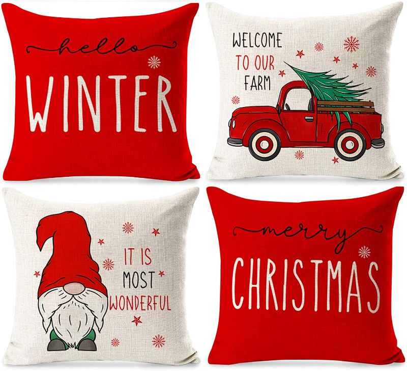 Photo 1 of 2 COUNT Christmas Throw Pillow Covers 18x18 Set of 4 Farmhouse Christmas Home Decor Truck Snowman Christmas Pillows Rustic Winter Holiday Xmas Throw Pillows for Couch