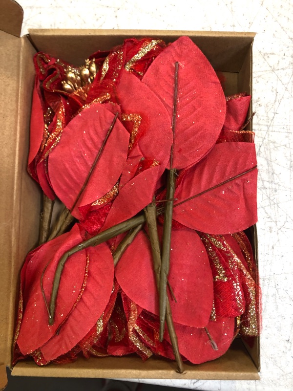 Photo 1 of 15 Pieces Christmas Flower Ornaments Artificial Christmas Glitter Poinsettia Flowers with Branches Tree Decorations Artificial Christmas Flowers for Christmas Tree Wreath Wedding Party Decor (Red)  -- 2 COUNT --
