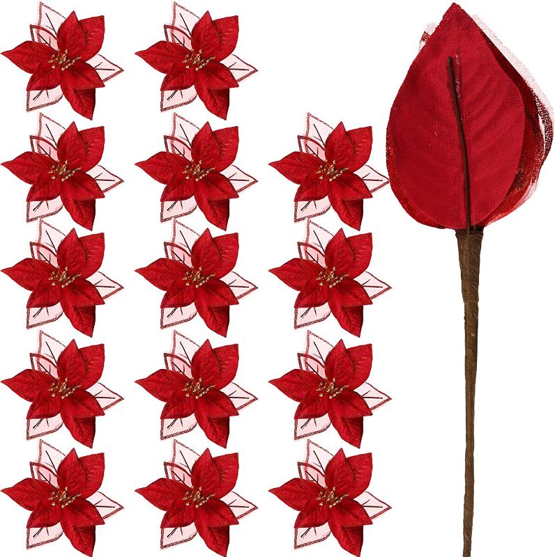 Photo 1 of 15 Pieces Christmas Flower Ornaments Artificial Christmas Glitter Poinsettia Flowers with Branches Tree Decorations Artificial Christmas Flowers for Christmas Tree Wreath Wedding Party Decor (Red)  -- 2 COUNT --
