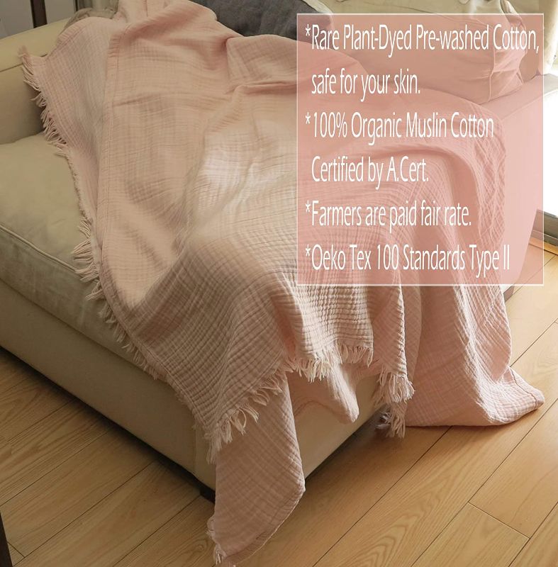 Photo 1 of 100% Organic Muslin Cotton Throw Blanket for Couch Chair Adults, 4 Layers Pre-Washed Plant Dyed Yarn, Breathable Super Soft, Cozy, Warm Lightweight Bed Blanket, 