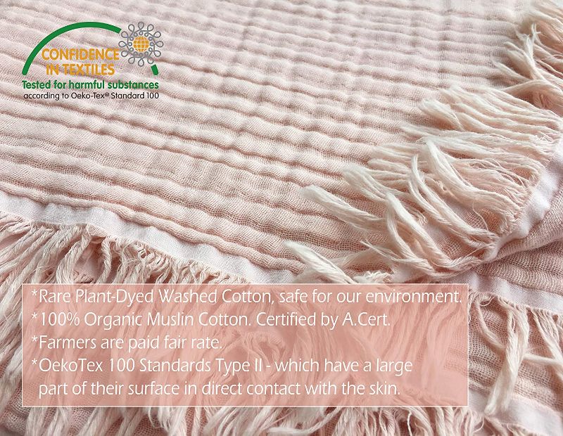 Photo 2 of 100% Organic Muslin Cotton Throw Blanket for Couch Chair Adults, 4 Layers Pre-Washed Plant Dyed Yarn, Breathable Super Soft, Cozy, Warm Lightweight Bed Blanket, 