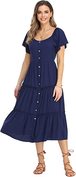 Photo 1 of MUSSIN Women's Short Sleeve Midi Dress V-Neck Button Down A-Line Swing Ruffle Tiered Dresses Summer Casual Long Party Dress