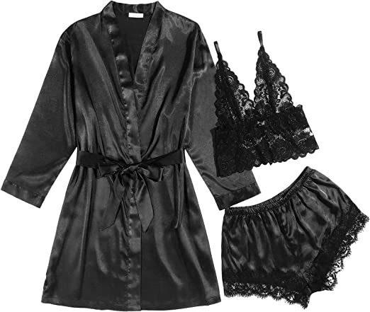 Photo 1 of  XL---------------fashion Women's Sleepwear 3Pcs Satin Silk Floral Lace Trim Cami Pajama Set with Robe