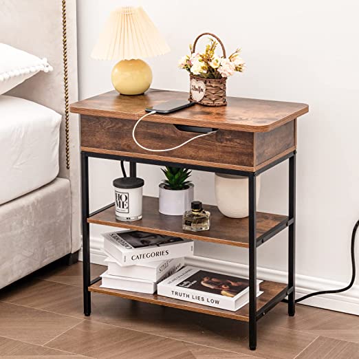 Photo 1 of DOUBUY Flip End Table with Charging Station, Narrow End Table with USB-C & Power Outlets for Small Spacse, Nightstand with Storage Shelves, Side Table for Living Room, Bedroom, Office