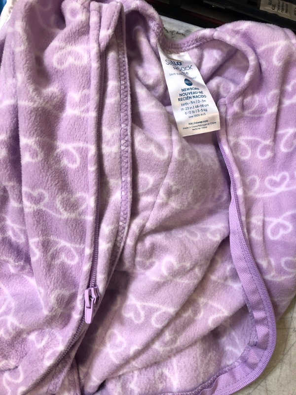 Photo 2 of HALO Micro-Fleece Sleepsack Swaddle, 3-Way Adjustable Wearable Blanket, TOG 3.0, Heartline Newborn, 0-3 Months, PURPLE HEARTS PATTERN
 **** broken (detached) zipper **
