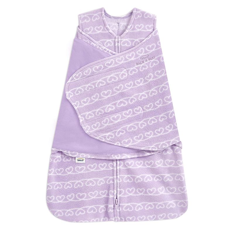 Photo 1 of HALO Micro-Fleece Sleepsack Swaddle, 3-Way Adjustable Wearable Blanket, TOG 3.0, Heartline Newborn, 0-3 Months, PURPLE HEARTS PATTERN
 **** broken (detached) zipper **