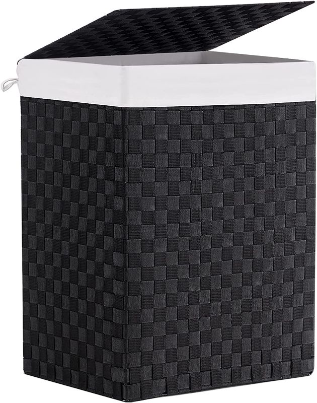 Photo 1 of  Laundry Hamper Basket with Lid, Handwoven 90L Large Clothes Hamper with Removable Liner Bags, Collapsible Black Tall Hamper for Bathroom, Bedroom and Dorm Room Organizer
