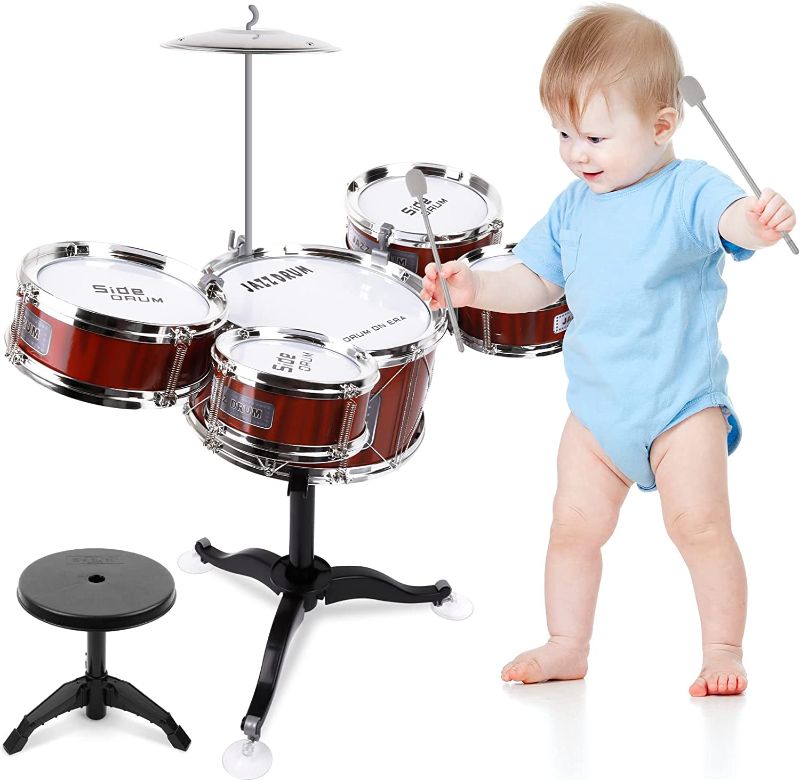 Photo 1 of M SANMERSEN Kids Drum Set Jazz Drum Kit 8 Piece for Toddler Educational Percussion Musical Instruments Drum Toy Playset Xmas Gift for Boys Girls - Red
