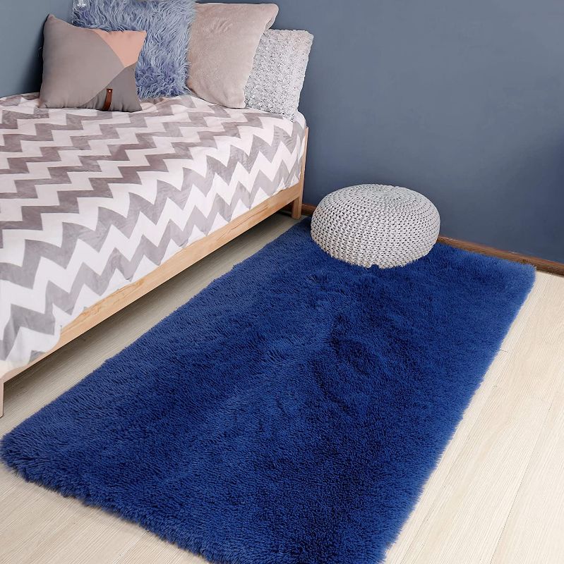 Photo 1 of Navy Blue Runner Rug for Bedroom,3'X5',Fluffy Shag Rug for Living Room,Bedside Rug for Kids Room,Shaggy Throw Rug for Nursery Room,Fuzzy Plush Rug,Indigo Carpet,Rectangle,Cute Room Decor for Baby
