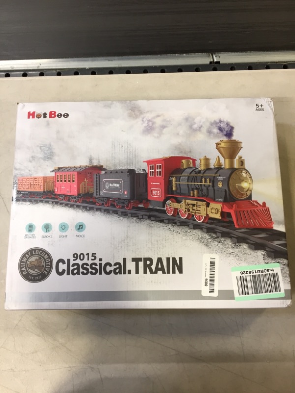 Photo 2 of Hot Bee Train Set - Electric Train Toy for Boys Girls w/ Smokes, Lights & Sound, Railway Kits w/ Steam Locomotive Engine, Cargo Cars & Tracks, Christmas Gifts for 3 4 5 6 7 8+ year old Kids Red