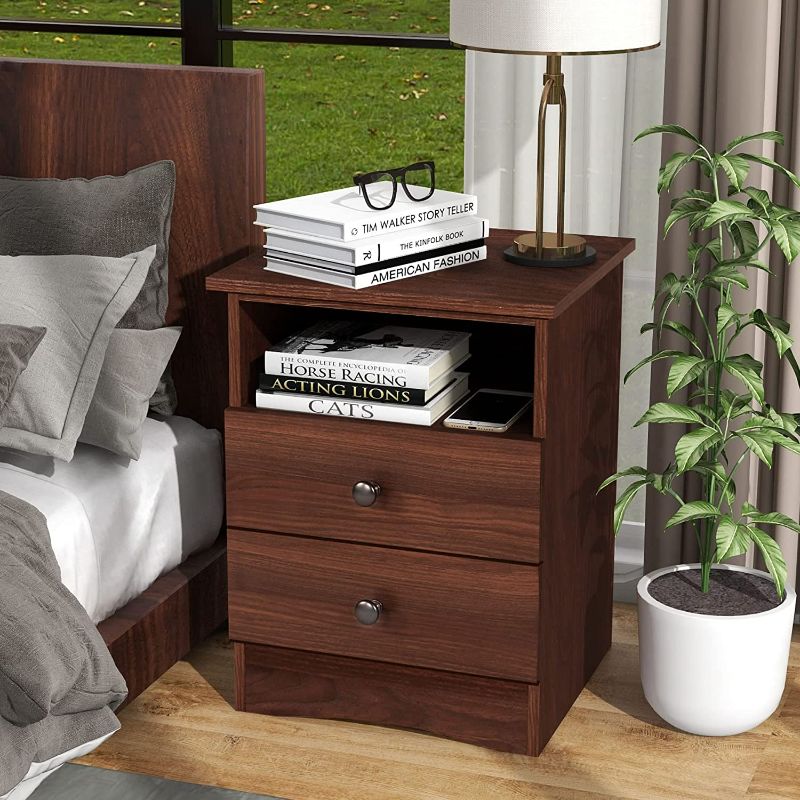 Photo 1 of UYIHOME Walnut Nightstand with Storage Drawers and Open Shelf, 2 Drawers End Table with Sturdy Base, Farmhouse Wood Nightstand Bedside Table Sofa-Side Accent Table for Bedroom
