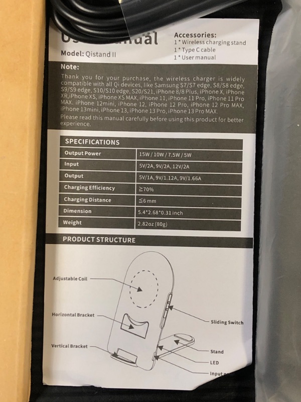 Photo 3 of Wireless Charger, Wireless Charging Station, Qi Fast Charger with QC3.0 AC Adapter, Desk Stand with Touch LED for iPhone 12/12 Pro//12 Pro Max/11/11 Pro/XR/XS/X/8 for Sumsung S9 S10 S8 / FACTORY SEALED 
