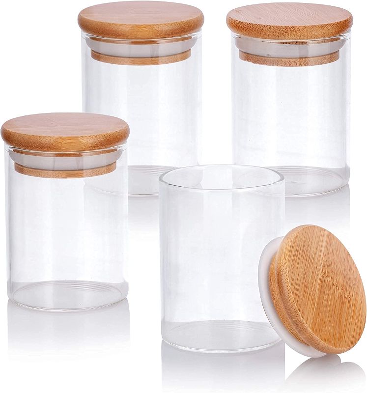 Photo 1 of 4 oz Clear Glass Tall Jar with Bamboo Silicone Sealed Lid (4 Pack)
