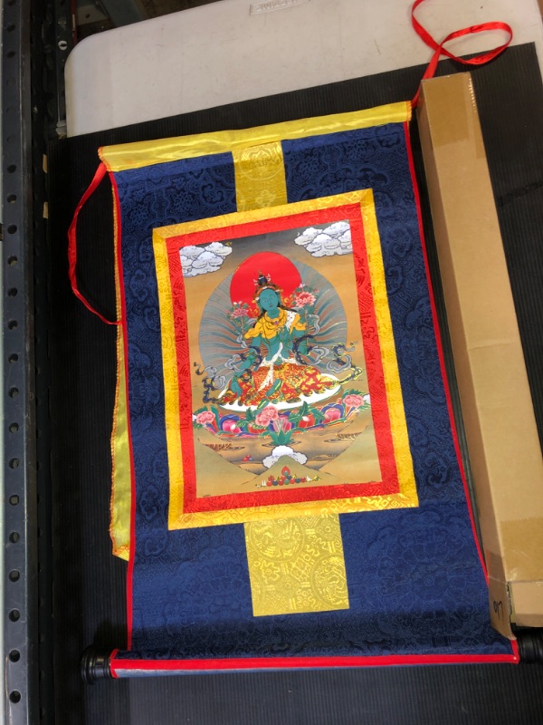 Photo 2 of Gandhanra Tibetan Thangka Art,Green Tara(Jetsun Dolma,Arya Tara,Shayama Tara),Buddhist Thangka Painting,Thangka Brocade Wall Hanging,Buddha Tapestry with Scroll,for Buddhist Altar Zen Meditation Green Tara Medium(64cm*48cm)