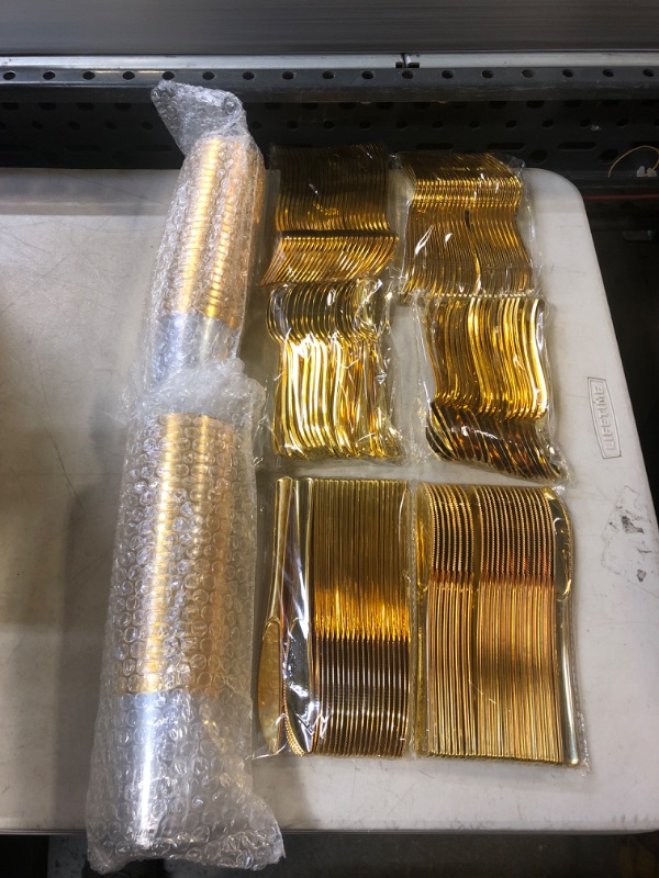 Photo 3 of 350 Piece MCIRCO Gold Dinnerware Set - 100 Gold Rim Plastic Plates - 50 Gold Plastic Silverware - 50 Gold Plastic Cups - 50 Linen Like Gold Paper Napkins, 50 Guest Disposable Gold Dinnerware Set