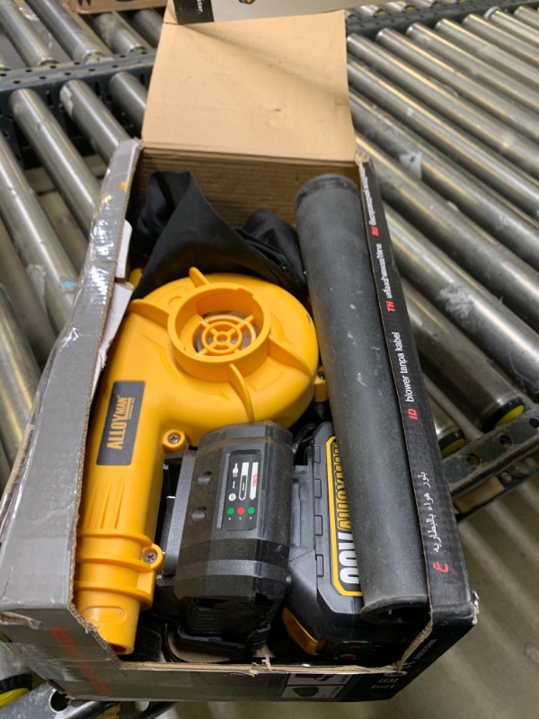 Photo 1 of Alloyman Leaf Blower, 20V Cordless Leaf Blower, with 4.0Ah Battery & Charger, 2-in-1 Electric Leaf Blower & Vacuum for Yard Cleaning/Snow Blowing. Yellow1  --- Box Packaging Damaged, Minor Use, Dirty From Previous Use, Battery Charger Plastic Is cracked a