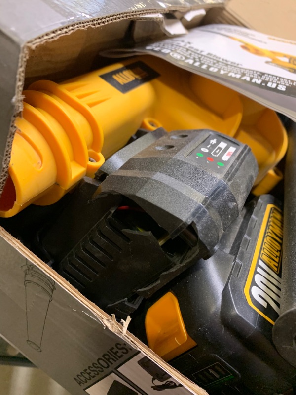 Photo 1 of Alloyman Leaf Blower, 20V Cordless Leaf Blower, with 4.0Ah Battery & Charger, 2-in-1 Electric Leaf Blower & Vacuum for Yard Cleaning/Snow Blowing. Yellow1  --- Box Packaging Damaged, Minor Use, Dirty From Previous Use, Battery Charger Plastic Is cracked a