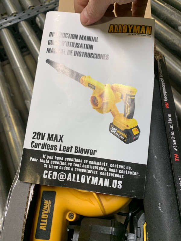 Photo 1 of Alloyman Leaf Blower, 20V Cordless Leaf Blower, with 4.0Ah Battery & Charger, 2-in-1 Electric Leaf Blower & Vacuum for Yard Cleaning/Snow Blowing. Yellow1  --- Box Packaging Damaged, Minor Use, Dirty From Previous Use, Battery Charger Plastic Is cracked a