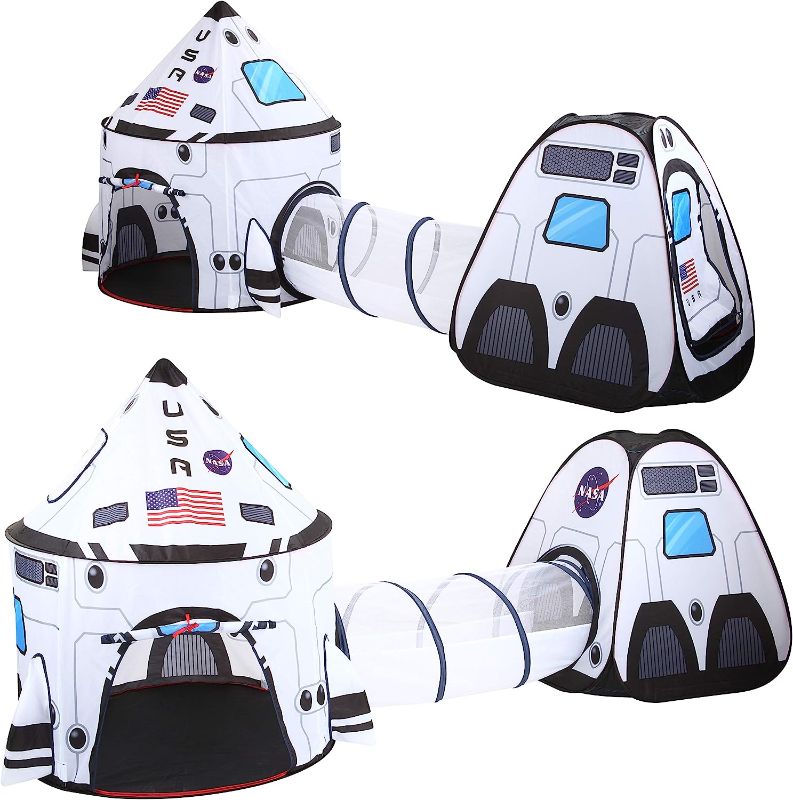 Photo 1 of JOYIN White Rocket Ship Play Tent Pop up Play Tent with Tunnel and Playhouse Kids Indoor Outdoor Spaceship Tent Set --- No Box Packaging, Minor Use

