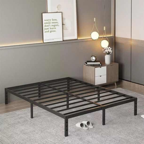 Photo 1 of 14" Queen Metal Bed Frame with Steel Slats, Heavy Duty Mattress Foundation