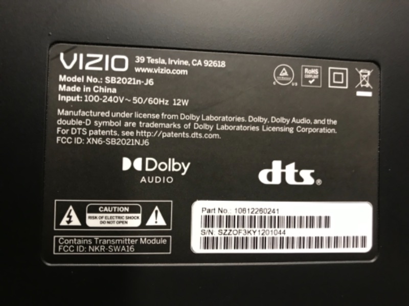 Photo 7 of VIZIO 2.1 Home Theater Sound Bar with DTS Virtual:X, Wireless Subwoofer, Bluetooth, Voice Assistant Compatible, Includes Remote Control - SB2021n-J6 20-in Wireless Subwoofer 2.1