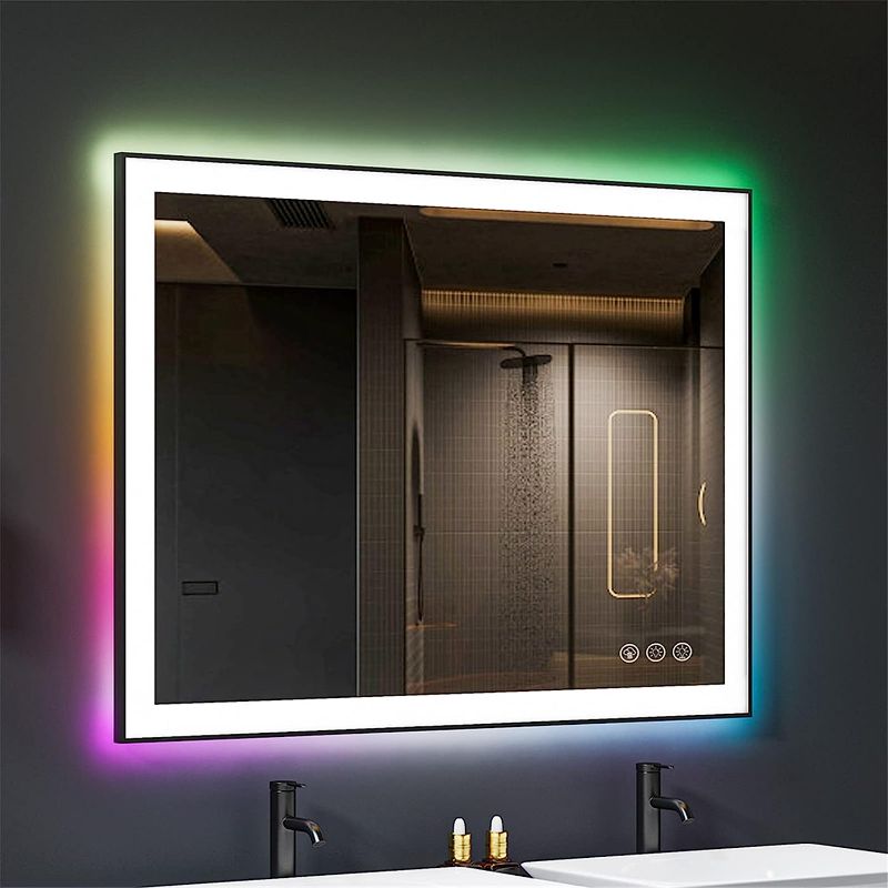 Photo 1 of Amorho LED Bathroom Mirror 48x36 inch, RGB Backlit and Front Light, Color Changing Lighted Vanity Mirror for Wall, Black Framed, Dimmable, Anti-Fog, Memory, Touch Control, Shatterproof
