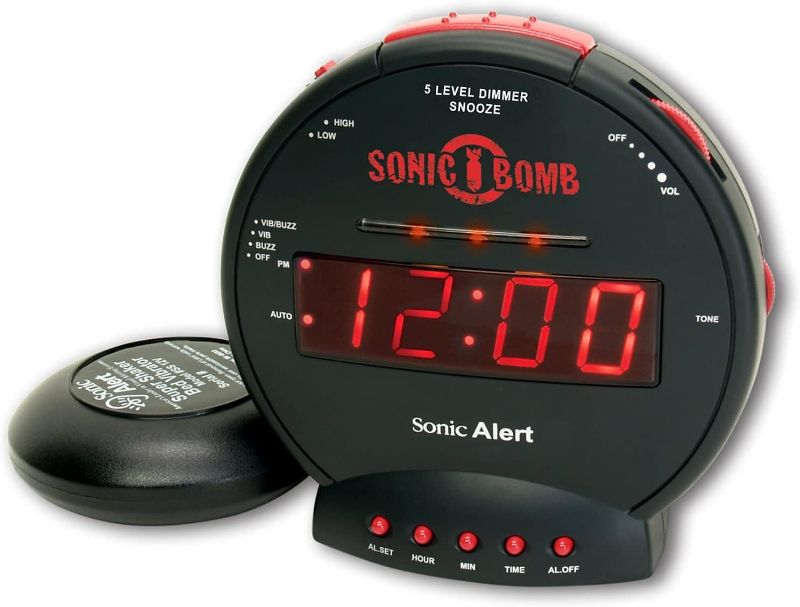 Photo 1 of Sonic Bomb Dual Extra Loud Alarm Clock with Bed Shaker, Black | Sonic Alert Vibrating, Heavy Sleepers, Battery Backup | Wake with a Shake
